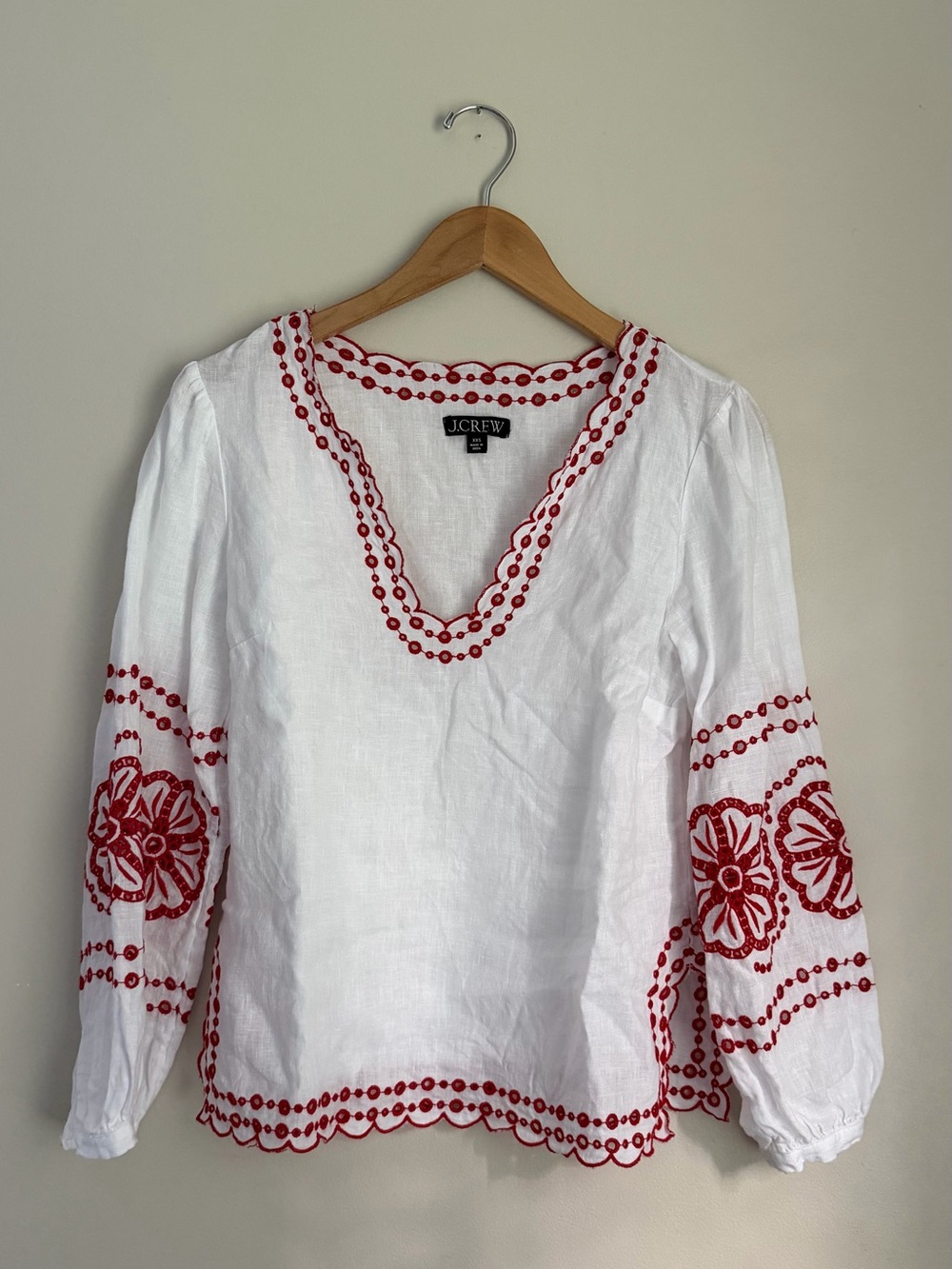 J. Crew White Linen Tunic with Red Floral Embroidery
